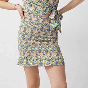 Boho colorful floral ruffled smocked mini skirt NWT
